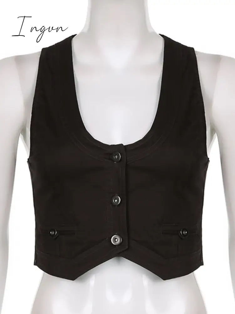 Ingvn - y2k Button Corset Top Black Sleeveless Tank Tops Skinny V Neck Aesthetic Punk Crop Top Grunge Fairycore Women Vests