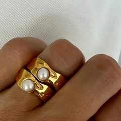 INGVN   Vintage Style Ring 18K PVD gold plated Fresh Water Pearl Stainless Steel Jewelry Elegant Imitation Ring Accessories New