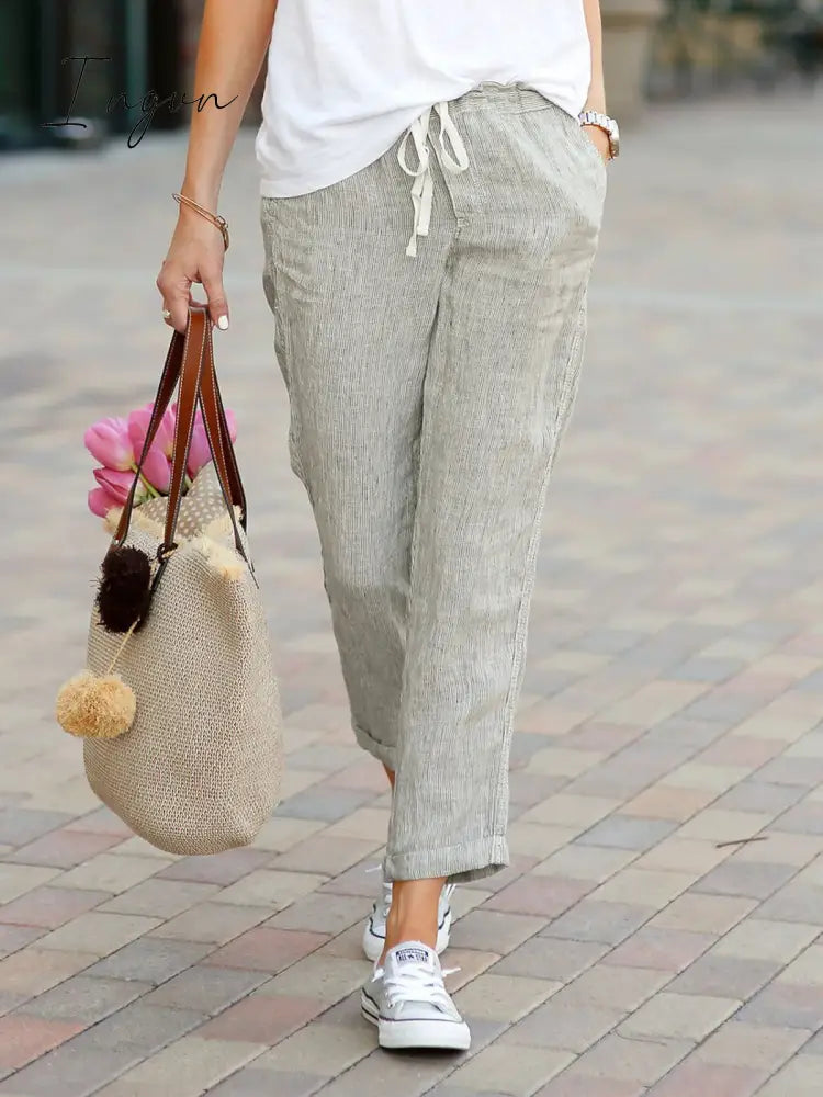Ingvn - Summer Capri Pants Pockets Drawstring Casual Pants
