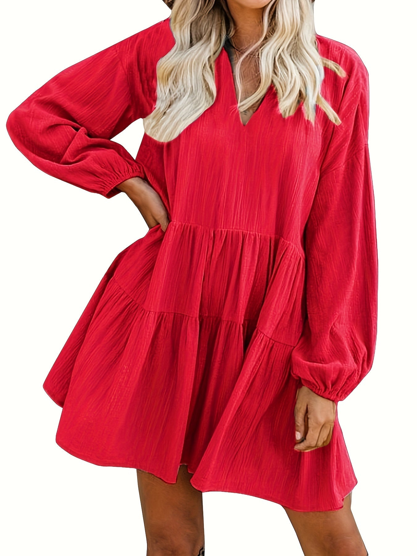 Long Sleeve Solid Color V Neck Loose Babydoll Dress, Casual Ruffle Hem For Spring & Fall, Women's Clothing