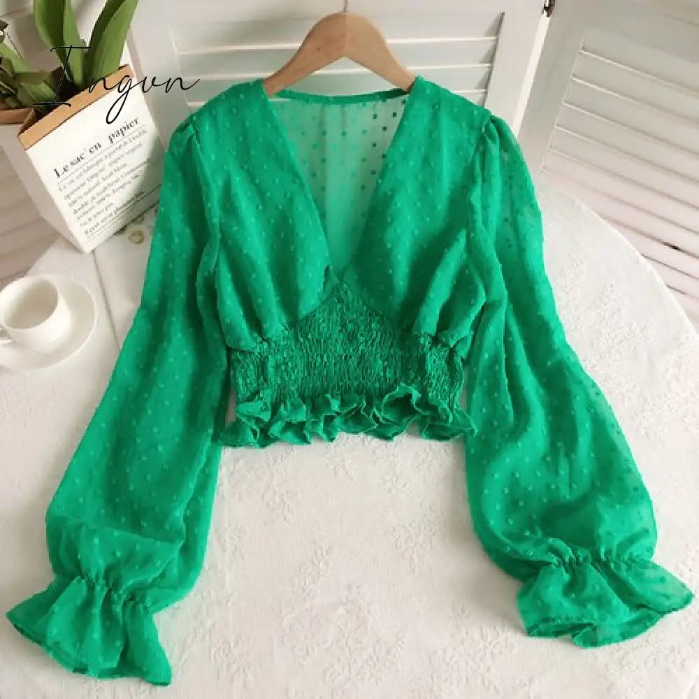 Ingvn - Women Fashion Spring Women Sweet Spot Blouse Ladies Fashion Chiffon Pullover Shirt V-neck Slim Long Puff Sleeve Folds Tunic Short Top