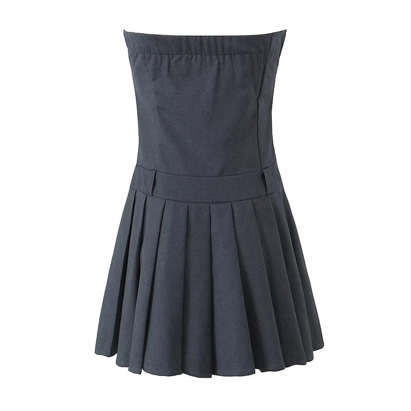 New  Women Sexy Strapless Mini Dress Slim Low Waist Pleated Hem A-line Party Robe