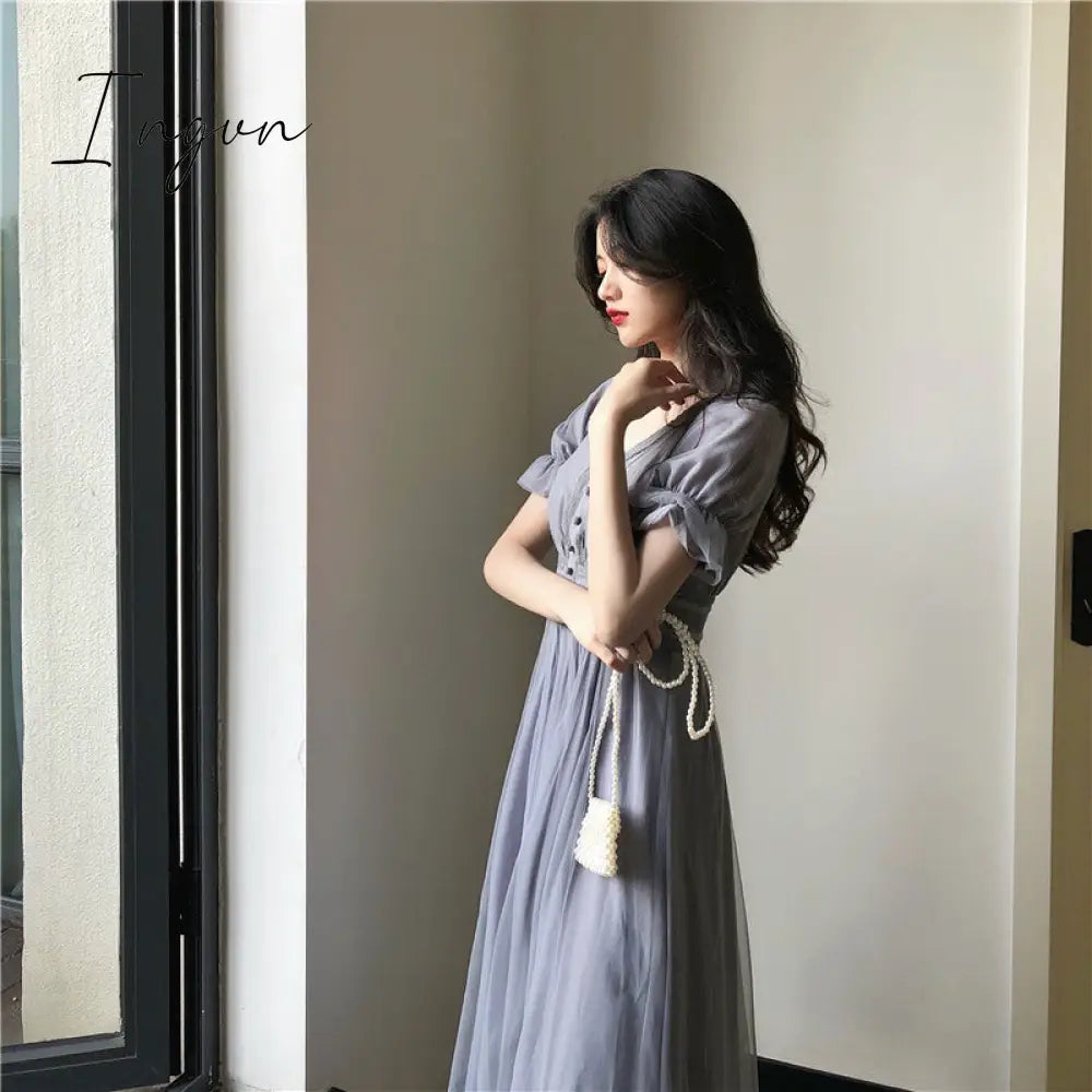 Ingvn - New Summer Mesh Dress Female V-neck Short Puff Sleeve A-line Women Dress Slim Korean Style Mesh Elegant Vintage Vestidos
