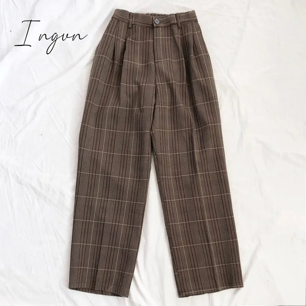 Ingvn - Spring Women Pants Plaid High Waist Dropping Feeling High Waist Wide Leg Long Suit  Pants