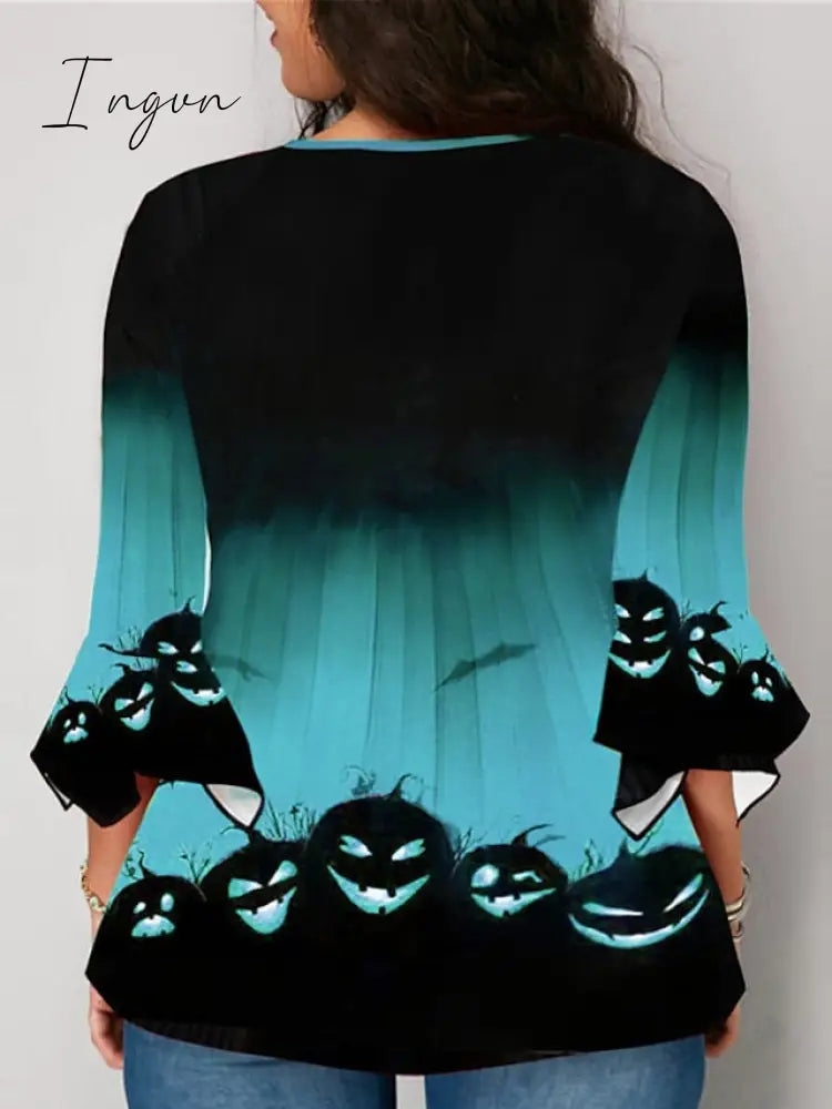 Ingvn - Women's Shirt Blouse Halloween Shirt Yellow Blue Purple Pumpkin Print 3/4 Length Sleeve Halloween Daily Streetwear Crew Neck Regular Fit Fall Winter