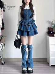 Ingvn - 2023 Autumn Camisole Jean Dress Sleeveless Denim Slim Vintage Y2k Mini Dress Women 3 Piece Dress Set Korean Fashion Clothing