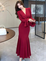 Korean Sexy Mermaid Dress for Women V-Neck Flare Long Sleeves Ruffles Party Dresses Autumn Female Slim Waist Vestidos Long Robe