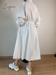 Ingvn - 2023 Autumn Long Sleeve Windbreaker Dress Korean Chic All-match Stand-up Collar Invisible Buckle Design Loose Vestidos