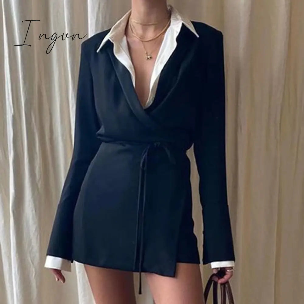 Ingvn - Black Satin V-Neck Shirt Dress Women Autumn Winter Flare Sleeve Lace Up Mini Dresses Elegant Ladies Party Vestidos