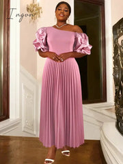 Ingvn - Long Party Dress for Women Classy Pink Cold Shoulder Ruched Sleeve Pleated A Line Flowy Maxi Evening Gowns for Brides Occaions