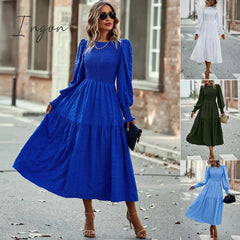 Ingvn - 2023 Spring Casual O Neck Lantern Sleeve Dress Women Loose Elegant Solid A-line Dress Lady Simple High Waist Klein Blue Dress