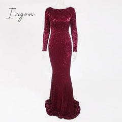 Ingvn - Elegant O Neck Long Sleeve Sequin Maxi Dress Floor Length Stretchy Bodycon Party Dress Gold Green Burgundy Black