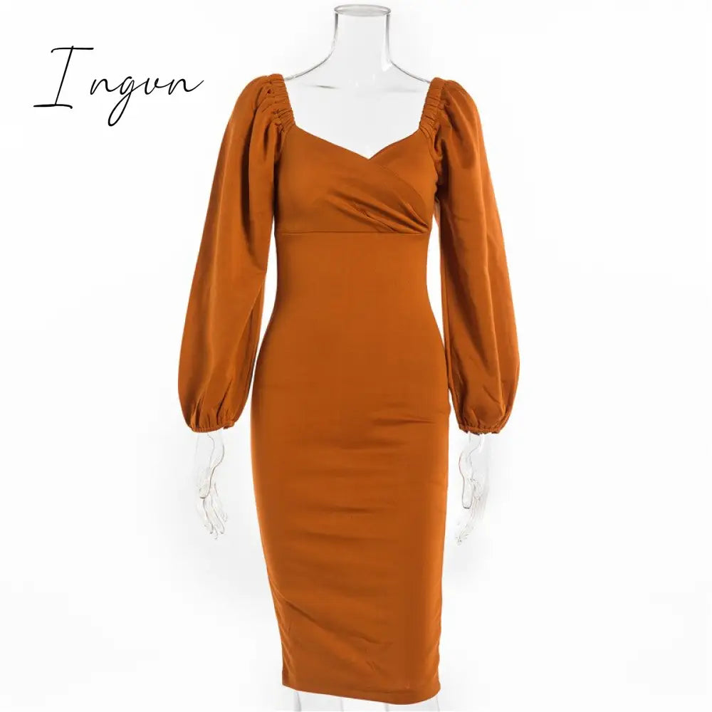 Ingvn - Midi Night Dress Women Long Puff Sleeve A-LINE Ruffled Backless Bodycon Sexy Dress Autumn Winter Elegant Office Lady Prom