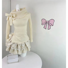 Voguable Autumn Winter Woman Kawaii Sweet 2 Piece Set Off Shoulder Bow Knitted Tops + Mini Cake Skirt Female Korean Fashion Casual Suits