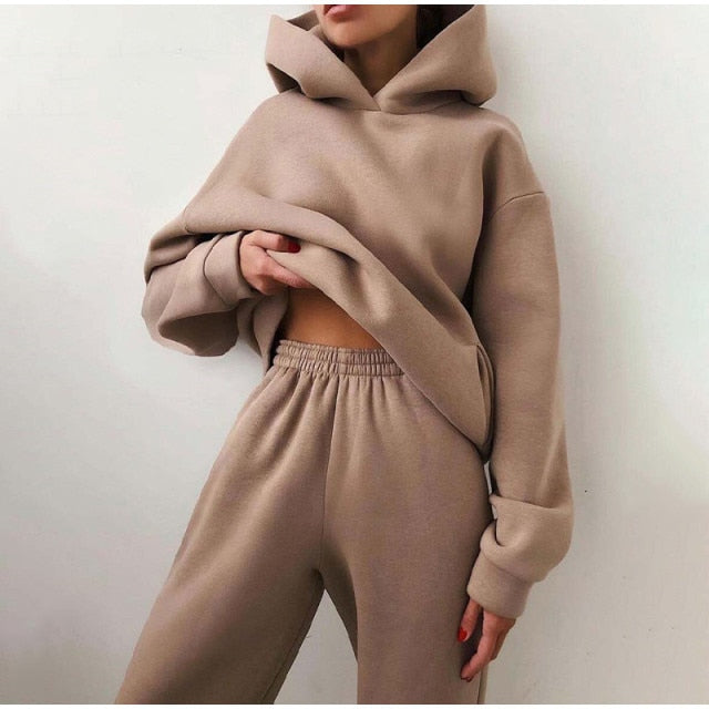 Women's Tracksuit Autumn Plus Fleece Sweatshirts Two Piece Set Casual Oversized Solid Female Sports Hoodie Suit Long Pant Sets