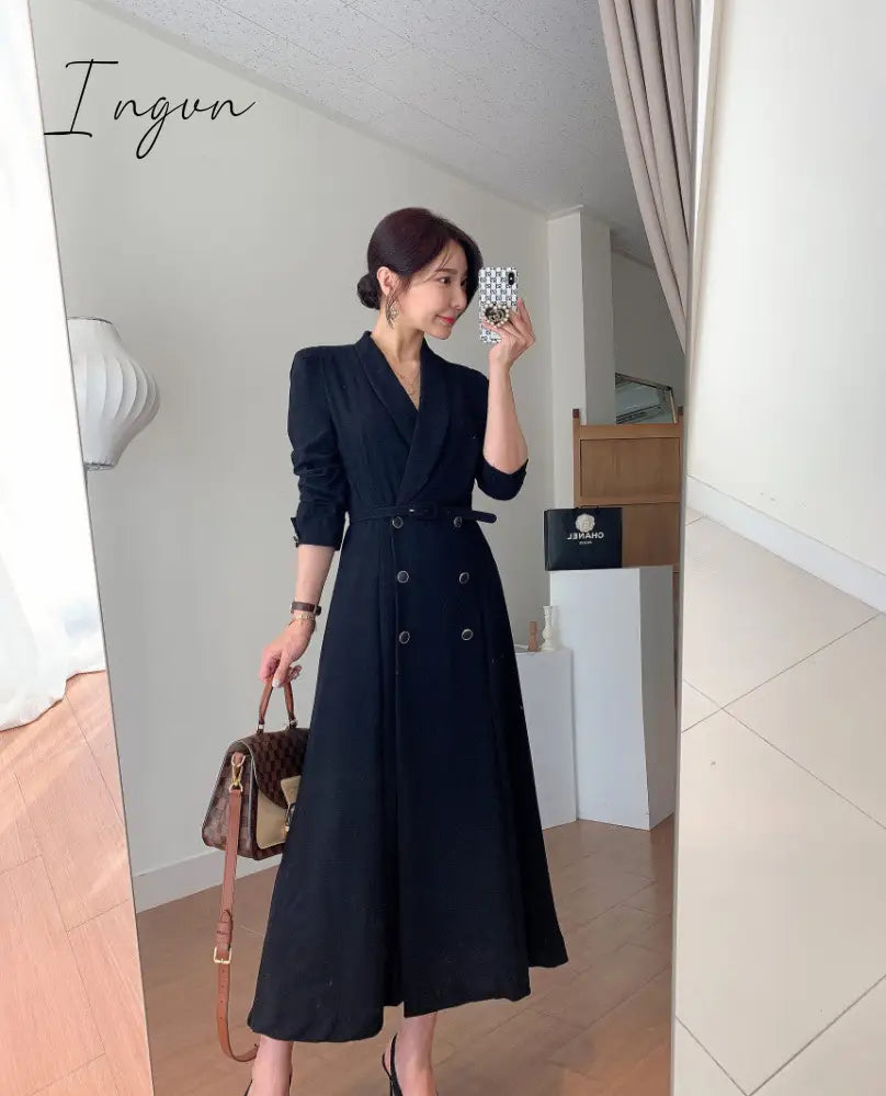 Ingvn - New French Spring Elegant Double Breasted Belted Sashes Women Suit Dress Autumn Office Long Sleeve Slim Waist Female Dress