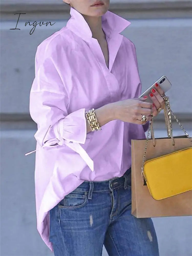 Ingvn - Casual Long Sleeve lapal Plain Blouse