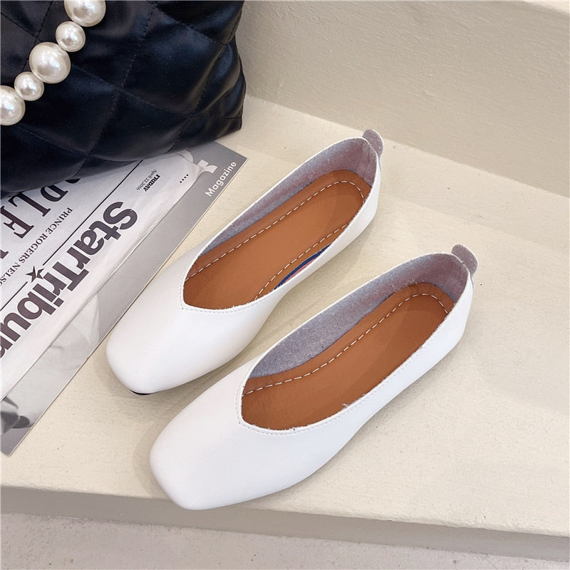 Women Flats Square Toe Boat Shoes Solid color Slip on Shallow Shoes Black Loafers White Wedding Concise Single Shoe Spring 9802N