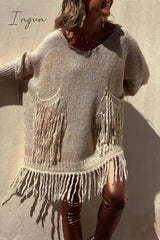 Ingvn - Casual Solid Tassel Pocket Weave O Neck Tops