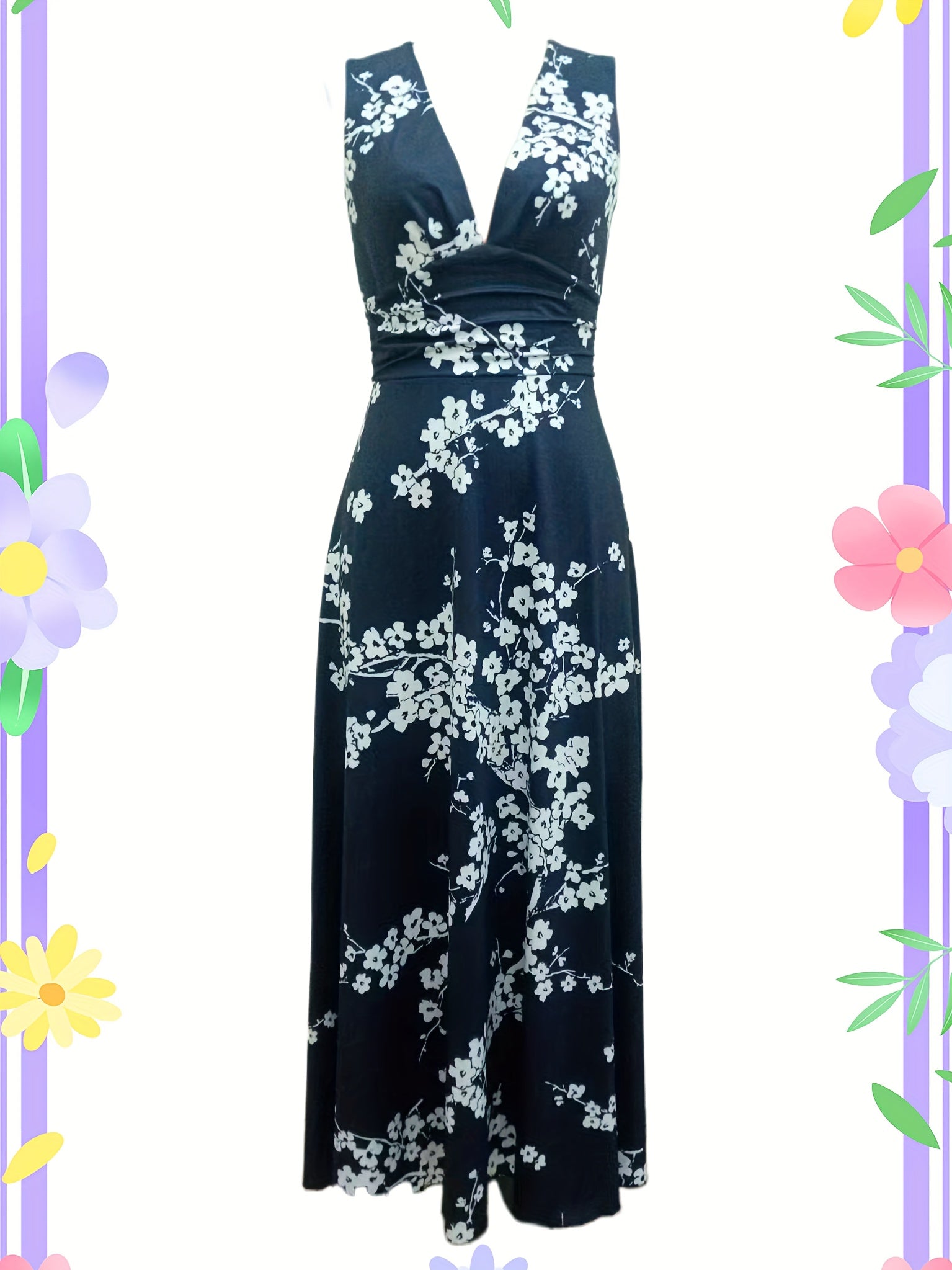 Floral Print Sleeveless Dress, Boho V Neck Simple Maxi Dress, Women's Clothing