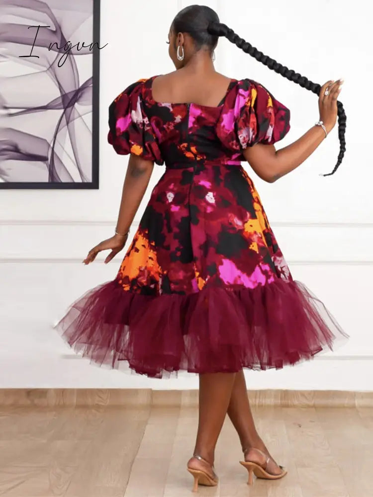 Ingvn - Retro Vintage Printed Swing Dresses Summer Puff Sleeve Cross Neck A Line Flowy Dress Chic Party Wedding Guest Dance Prom Outfits