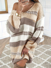Plus Size Elegant Striped Sweater Dress - Soft High Stretch V Neck Long Sleeve Oversized Polyester Knit Fabric for Fall Winter - Comfortable and Chic