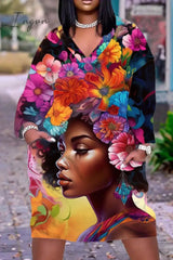 Ingvn - Colour Casual Print Patchwork V Neck Long Sleeve Dresses