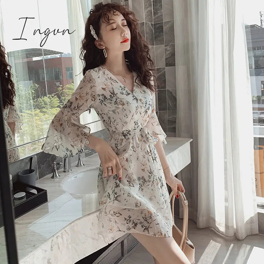 Ingvn - Women Mini Dress Spring New V-neck Floral Chiffon Dress High Waist Flare Sleeve Female Dress Woman's Dress KarolyiDora KA88
