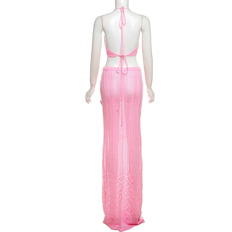 Knit Flower Lace-up Skirt Two Pieces Sets For Women Patchwork Pink Crop Tops And Slim Fit Long Skirt Two Pieces Sets