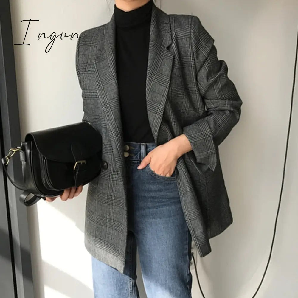 Ingvn - Colorfaith New Winter Spring Women's Blazers Plaid Double Breasted Pockets Formal Jackets Checkered Outerwear Tops JK7113
