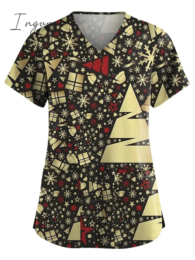 Ingvn - Christmas Scrub Tops Women Christmas Printing Short Sleeve V-Neck Working Uniform with Pocket Pullover Red 3X-Large