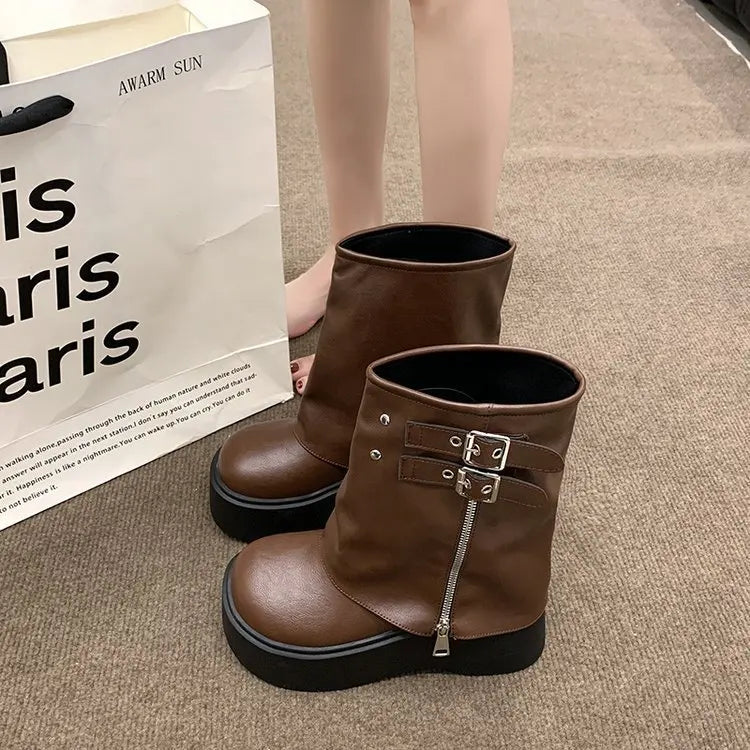 New Autumn Versatile Women's Platform Flat Heel Women's Long Boots Fashion Zipper Rider Botas Casual Goth Knee-high Boots