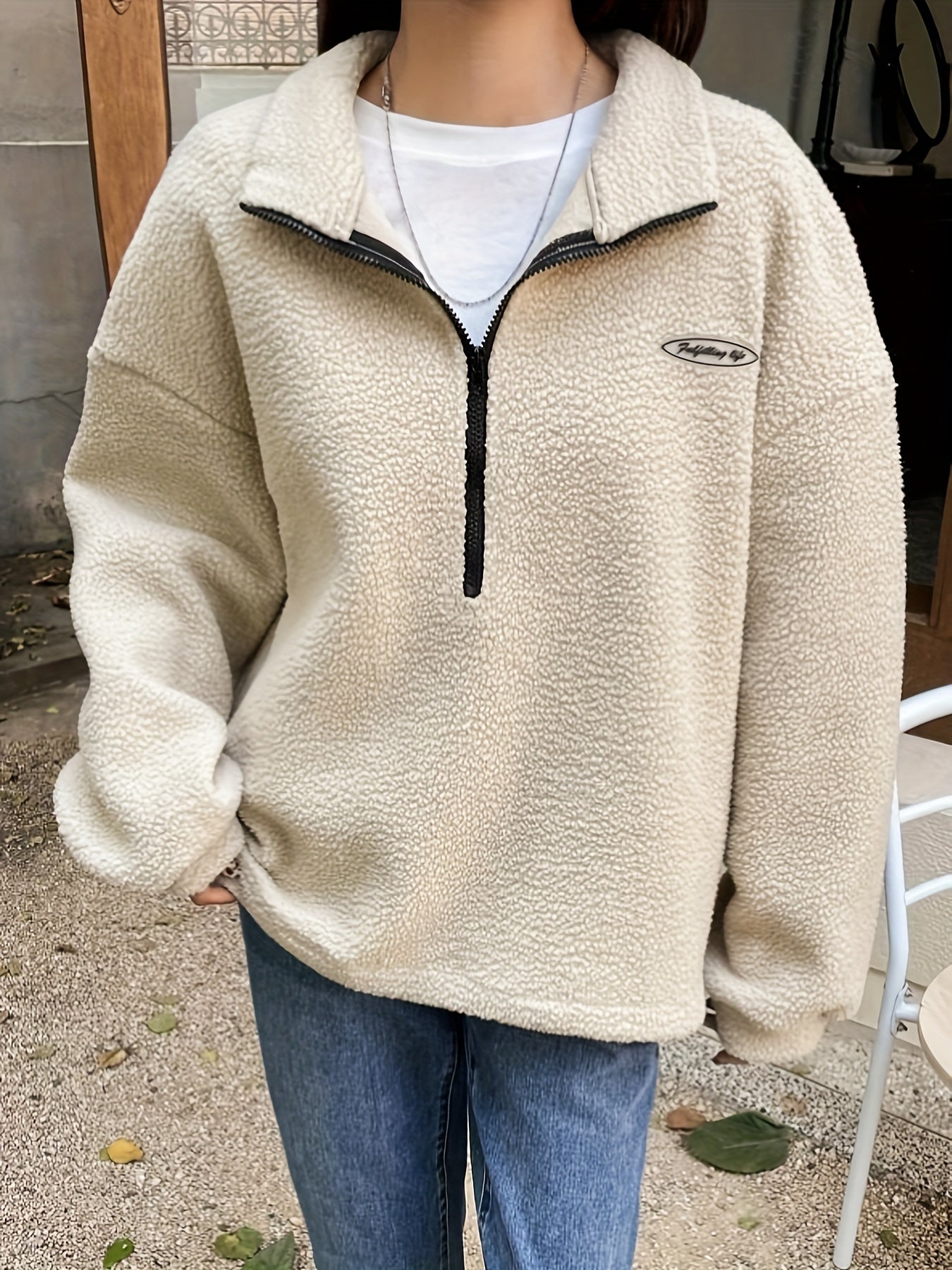 Solid Zip Front Plush Pullover Sweatshirt, Casual Long Sleeve Sweatshirt, Women's Clothing