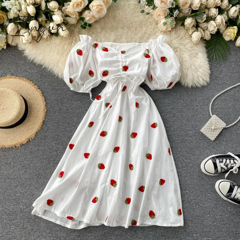 Ingvn - Strawberry Dress Cherry Kawaii Embroidery Puff Sleeve Dress Women Vintage White Square Neck Beach Dresses Korean Clothes