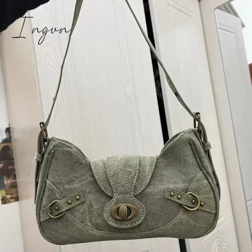 Ingvn - Y2k Vintage Shoulder Bag American Street Style Rivets Green Canvas Handbag Gothic Punk Biker Cool Designers Underarm Bag