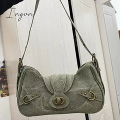 Ingvn - Y2k Vintage Shoulder Bag American Street Style Rivets Green Canvas Handbag Gothic Punk Biker Cool Designers Underarm Bag
