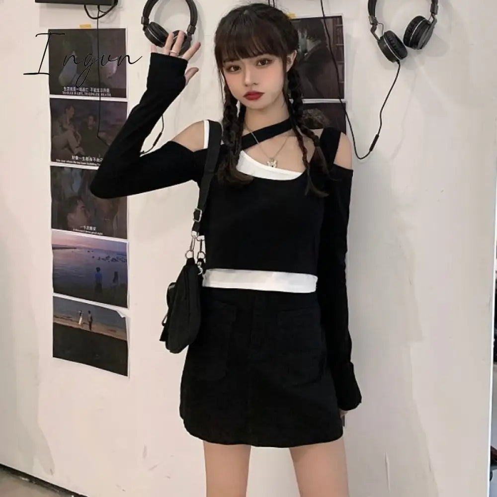 Ingvn - 2023 Shirts for Women Korean Woman Tshirts Chic Fake Two Long Sleeve Off Shoulder Tees Tops Harajuku Black Y2k T-shirt