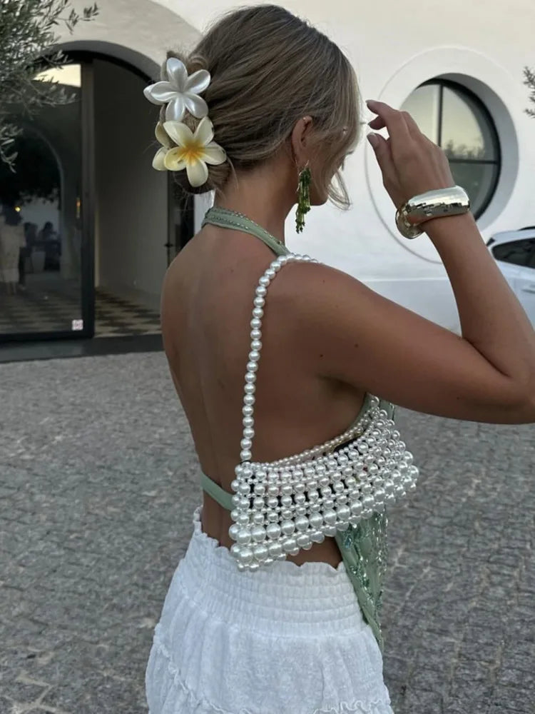 Glitter Deep V Neck Sexy Tank Tops Women Vest Pullovers Summer New Sparkle Backless Cropped Tops Elegant Beach Tops