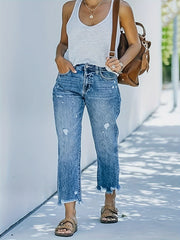 Womens Comfortable Solid Color Straight-Leg Non-Stretch Denim Jeans - Ripped, Cropped, Casual Style with Slant Pockets, Perfect for Spring, Summer, and Fall - Hand Wash or Professional Dry Clean Only