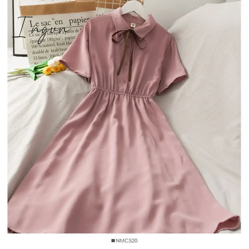 Ingvn - Dress Women Chiffon Bow Solid High Waist Turn-down Collar Preppy Style Kawaii Ulzzang Popular Temperament Girls Summer Holiday