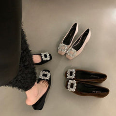 High-grade Rhinestone Shallow Mouth Shoes Women's Elegant Shallow Mouth Spring and Autumn New All-match Square-toe Flat Bean Shoes