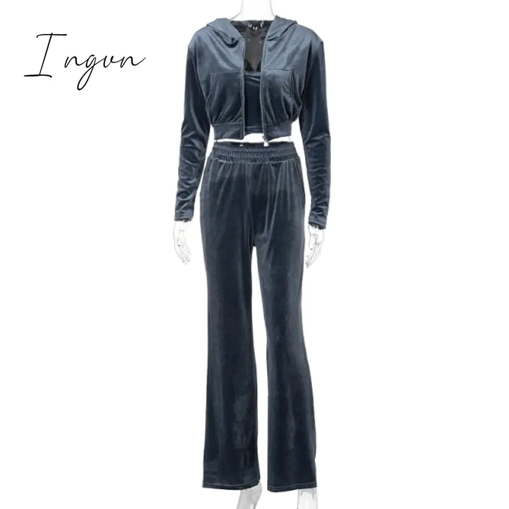 Ingvn - Velvet Women 3 Piece Set Hoodie Sweatshirt Zipper Tube Crop Top High Waist Wide Leg Pants Tracksuit Sporty Casual Outfit