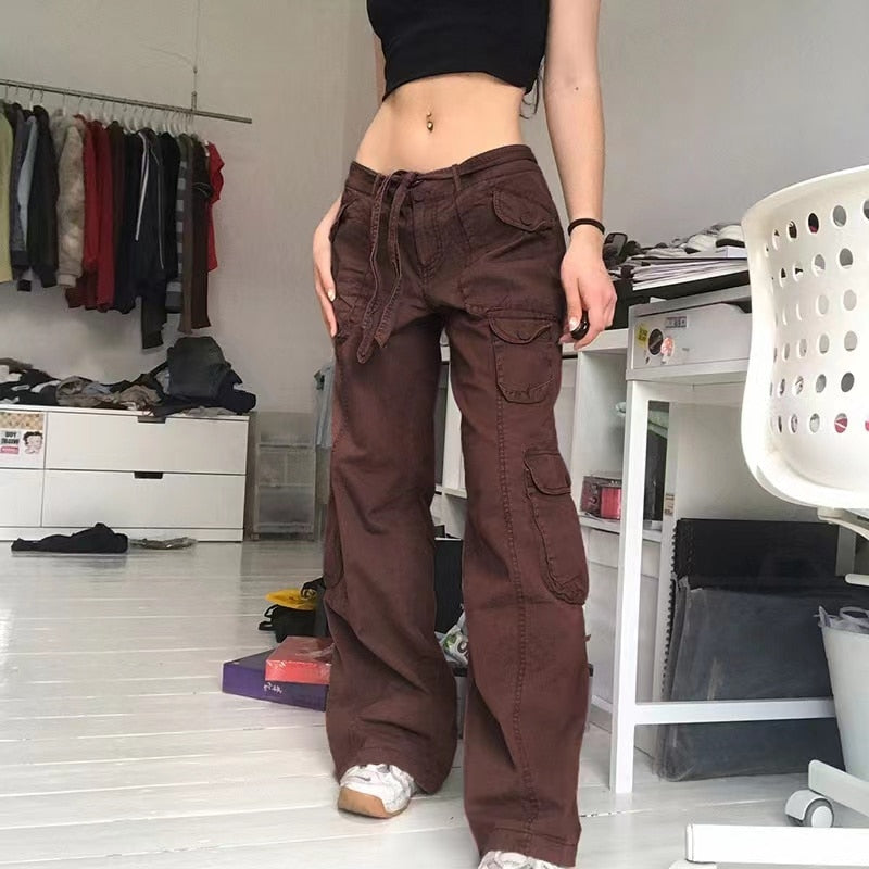 Voguable  Fashion American Trousers High Street Retro Gray Cargo Pants  Woman Sexy Low Waist Baggy Pants Casual Trousers Streetwear
