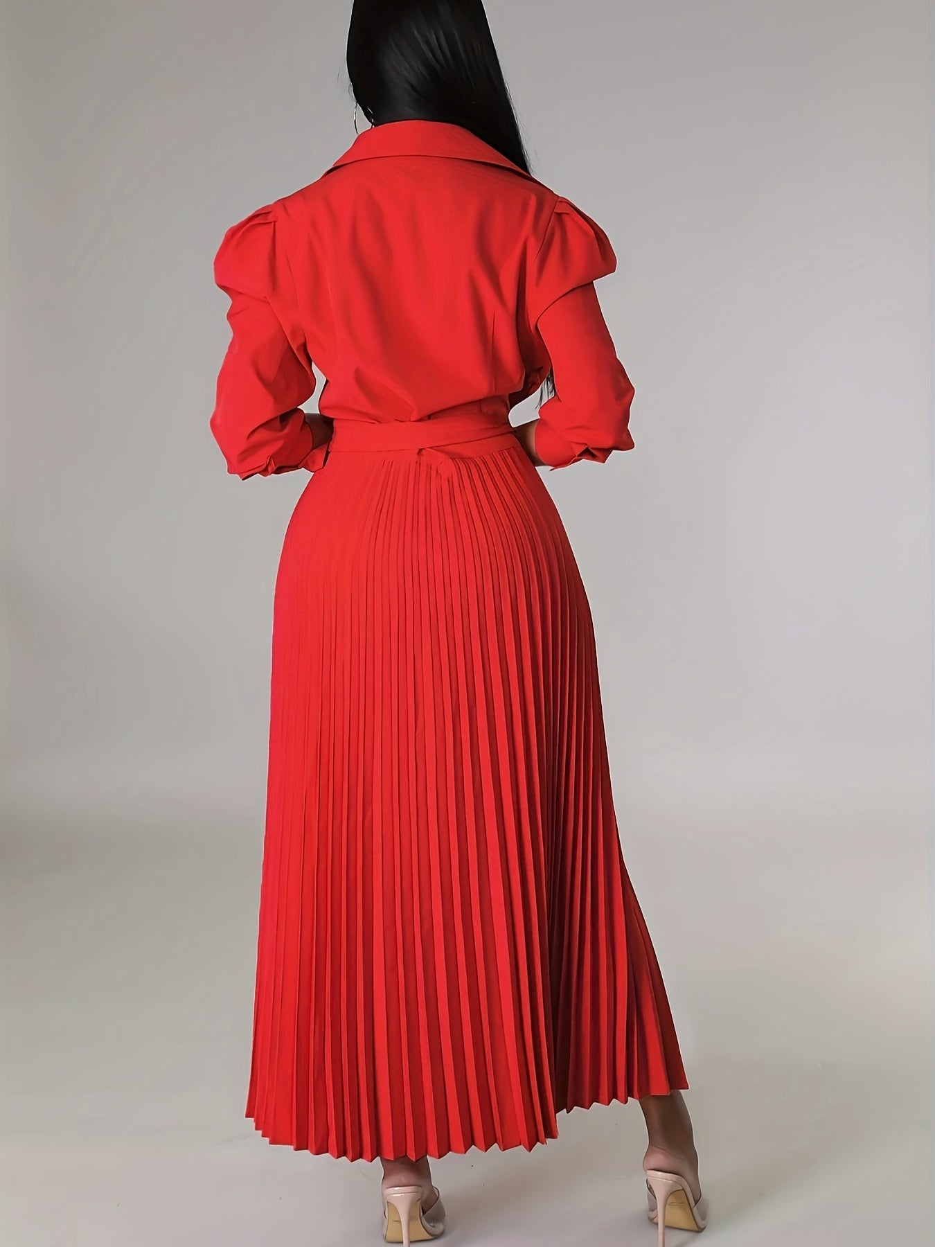 Solid Pleated Dress, Elegant Knotted V Neck 3/4 Sleeve Dress, Women's Clothing