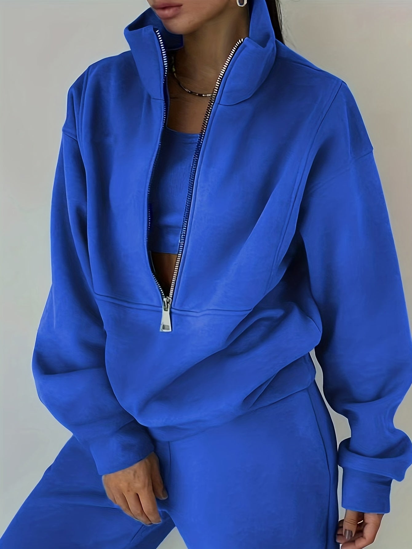 Casual Matching Two-piece Set, Zip Up Sweatshirt & Solid Sweatpants Outfits, Women's Clothing