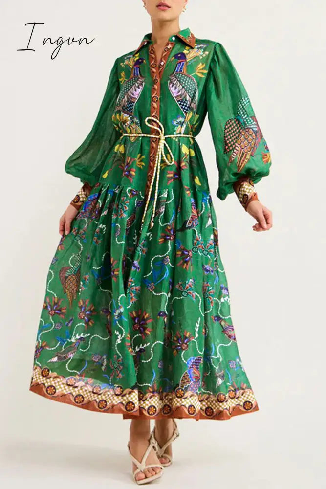 Ingvn - Bohemian College Animal Printing Turndown Collar Printed Dress Dresses