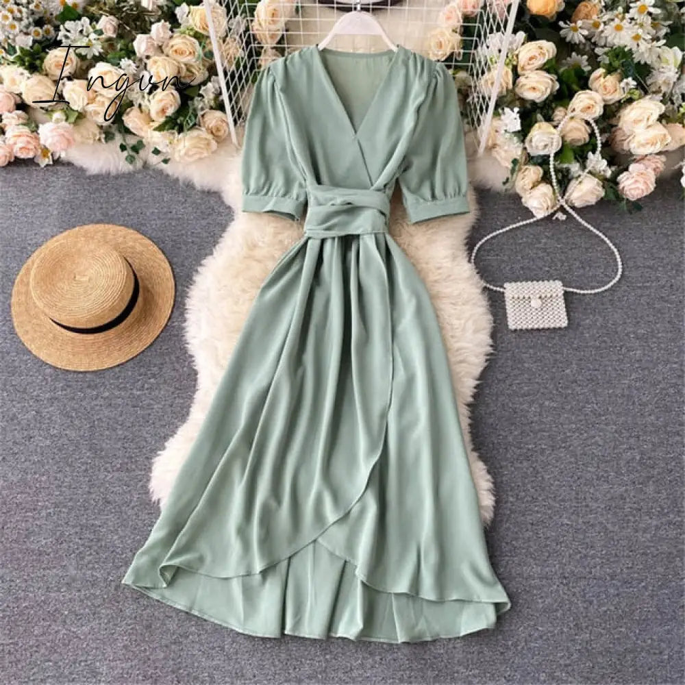 Ingvn - Women Summer Midi French Dress Sweet V-Neck Puff Sleeve High Waist Elegant Solid Woman Dresses Female Clothing New Year