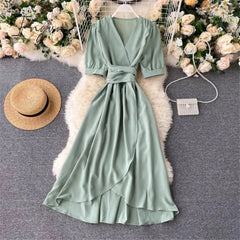 Ingvn - Women Summer Midi French Dress Sweet V-Neck Puff Sleeve High Waist Elegant Solid Woman Dresses Female Clothing New Year