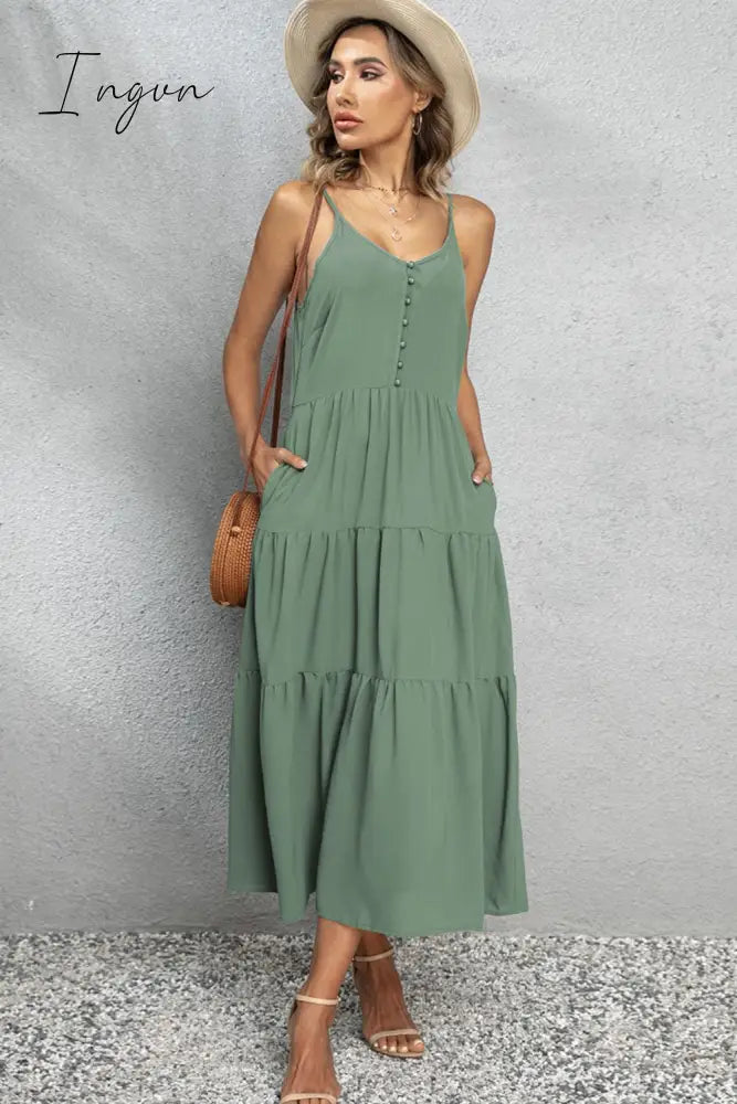 Ingvn - V-Neck Sleeveless Spaghetti Straps Midi Dress