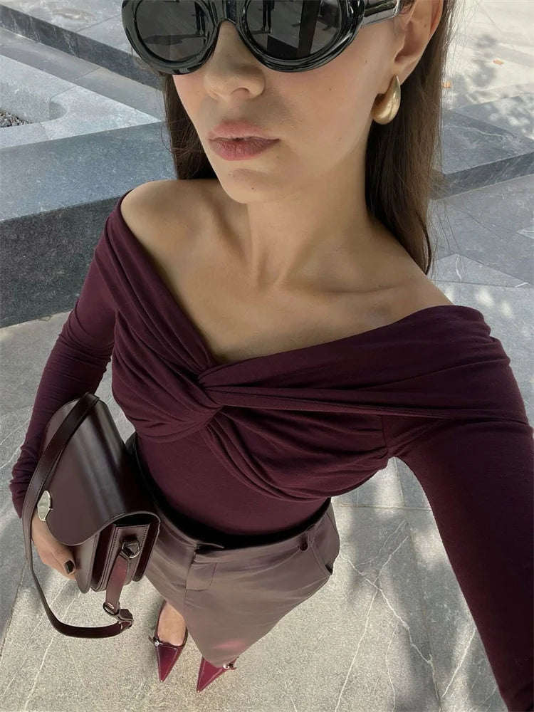 Summer Off-Shoulder Sexy T-shirt Top Women's Pleated Long Sleeve Inner V-Neck White Slim Twist Cropped Pullover Female Tee